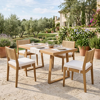 5-Piece Acacia Wood Patio Dining Set, U-Shaped Legs, Rectangular Slatted Tabletop, HDPE Woven Cushioned Chairs