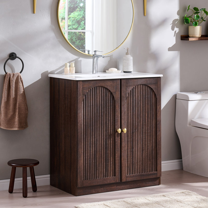 Meuble-lavabo arqué 30 po avec lavabo et plateau en céramique Ahart, Noyer foncé