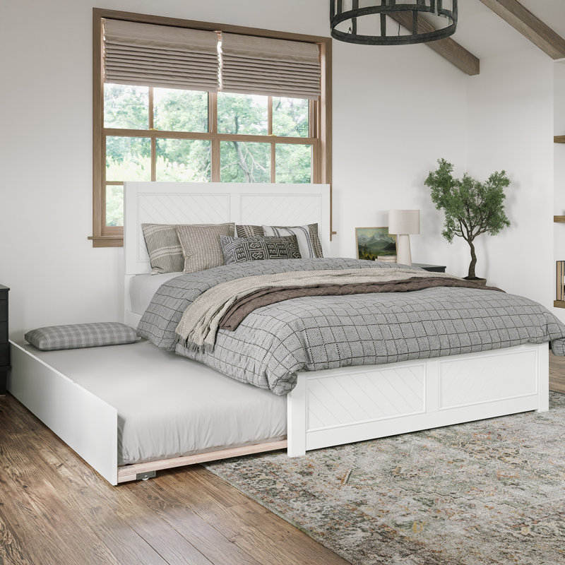 Jeinny Solid Wood Platform Bed with Matching Footboard & Trundle, Queen, White