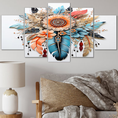 Boho fleurs et plumes bleues I - Dream Catcher Wall Art Living Room - 5 panneaux