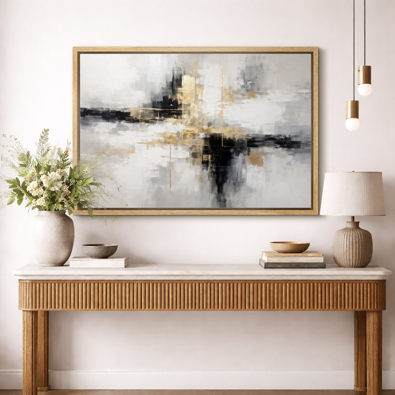 Composition abstraite de la croix dorée noire, images de salon contemporain, impression sur toile encadrée, Cadre naturel