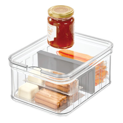 iDesign Crisp Plastic Refrigerator and Pantry Divided Bin, 8.3" x 6.3" x 3.7", Clear and Gray