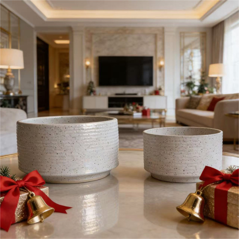 Ensemble de pots à fleurs en céramique fait à la main de 2, 11 po et 8 po de diamètre, blanc avec crêtes verticales, pour plantes d'intérieur et d'extérieur