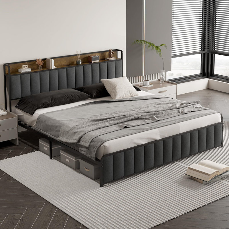 Wasat Upholstered Metal Slat Bed, Full, Black