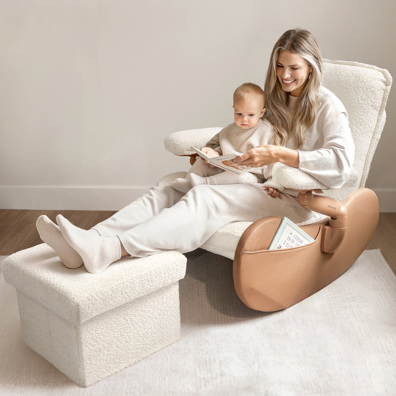 Nursery Rocking Chair Glider with Ottoman for Breastfeeding, White, Brown/Beige