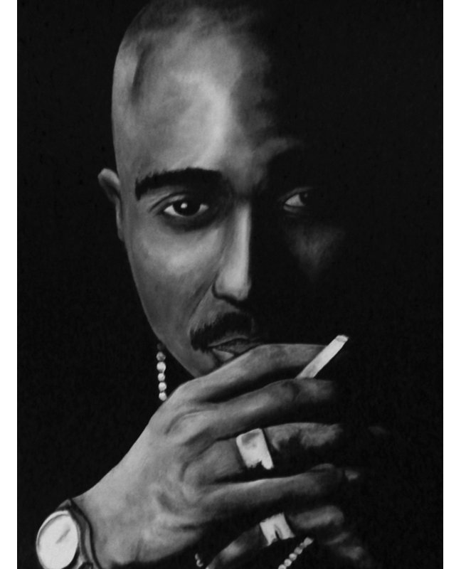 «Tupac Shakur», reproduction de peinture acrylique, H 32 po x l 24 po x P 1,5 po, Toile tendue, Pas de tapis