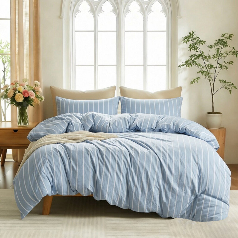 Ensemble de housse de couette à rayures 100% coton délavé XINMIANFANG, Housse de couette simple + 2 taies d'oreiller stan