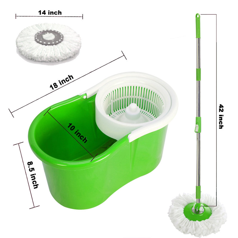 360° Rotating Head Easy Spin Dry Floor Mop Bucket + 2x Head Microfiber Head, Green