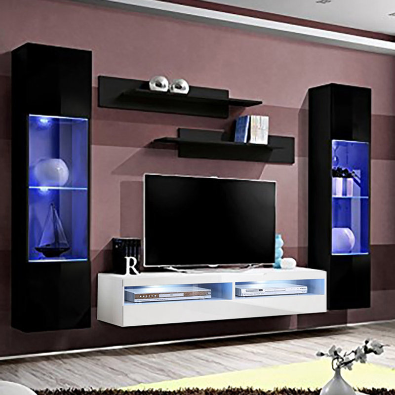 Meuble audio-vidéo mural flottant moderne de 100 po avec éclairage à DEL 16 couleurs, finition ultrabrillante, Noir / Blanc