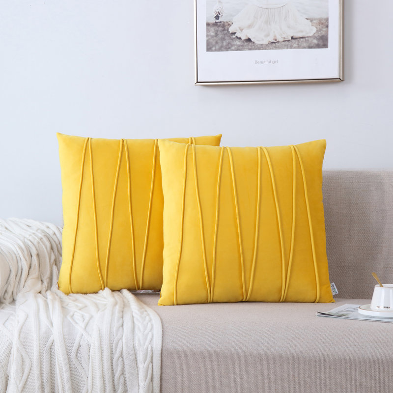 Housse de coussin plissée carrée en velours de polyester, Jaune, H 22 po x l 22 po