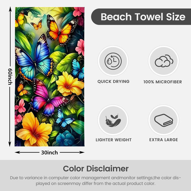  Serviette de plage légère en microfibre, absorbante et sans décoloration, 30 po x 60 po, papillon tropical