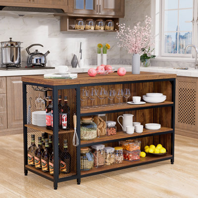 55” Kitchen Island With Seating And Storage 5-tier Open Shelves, Coffee Bar Cabinet With Extra-large Countertop, Spacious Leg Room & 2 Stemware Racks, by Ophelia & Co.