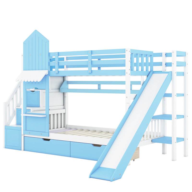 Twintwin Bunk Bed With 2 Drawers, 3 Shelves And Slide - Blue. Solid Wood Construction For Over 6 Years. No Box Spring Required. 106.3"L X 76.6"W 72.8"H. 250Lbs Weight Capacity Each Blue A Slide. 6.