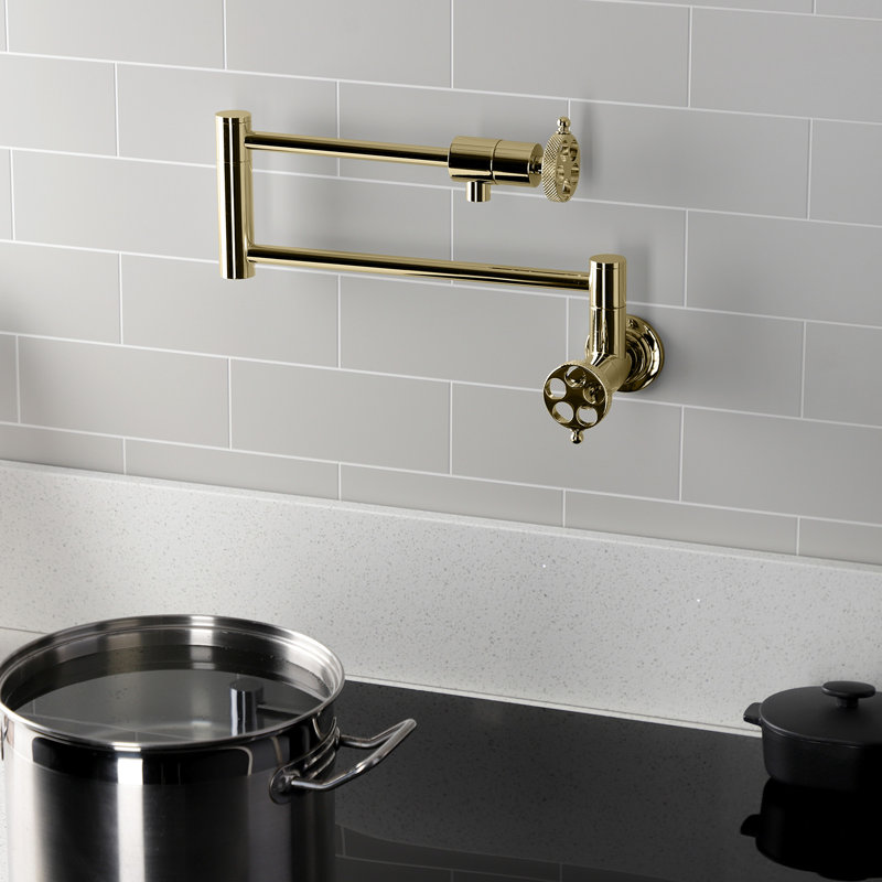 Kingston Brass Webb Two-Handle 1-Hole Wall Mount Pot Filler Faucet with Knurled Handle, Polished Brass