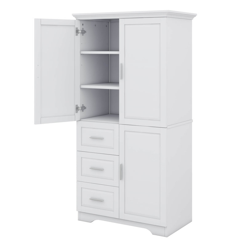 Armoire de rangement haute et large avec portes et trois tiroirs, Blanc