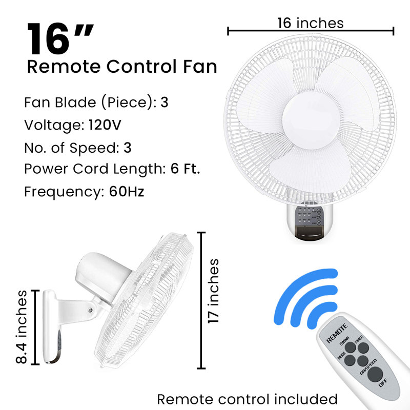 16 in. White Digital Wall Mount Fan with Remote Control 3-Speed-3 Oscillating Modes 72 in. Power Cord, ETL Certified