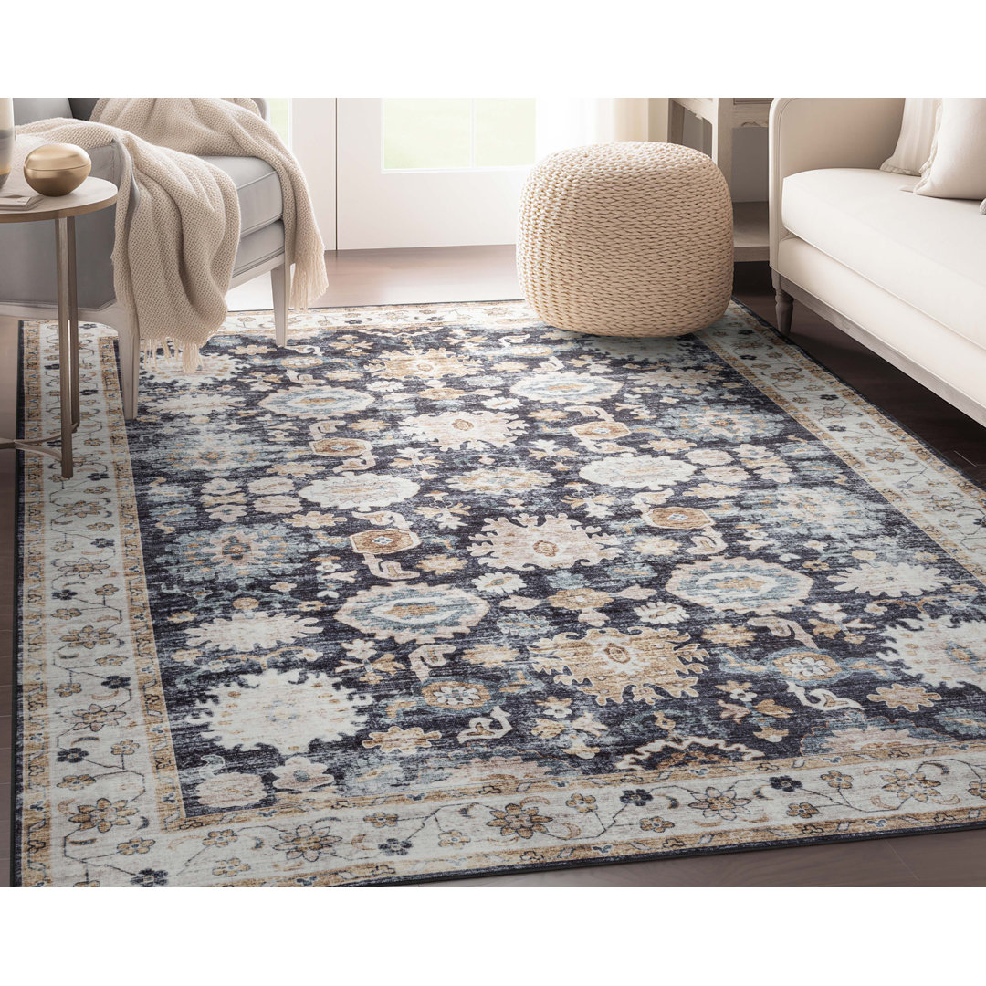 Maloy Oriental Machine Washable Navy Blue/Black Low Pile Area Rug Langley Street® Rug