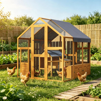 Outdoor Walk-in Poultry House, Backyard Coop, Animal Hutch with Weatherproof Roof