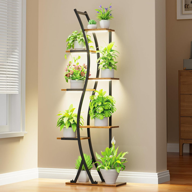 Support pour plante d'intérieur en métal à 7 niveaux avec lumières de culture, grand support de fleurs en forme de S