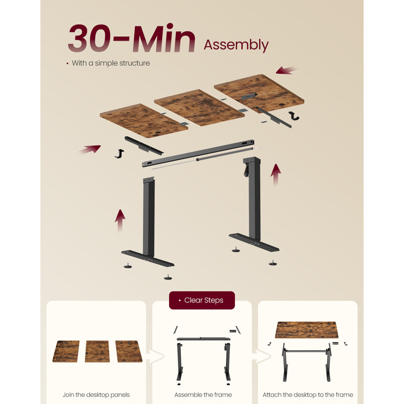 Adjustable Steel Computer Desk, 120 cm H x 120 cm W x 60 cm D, Black, Rustic Brown