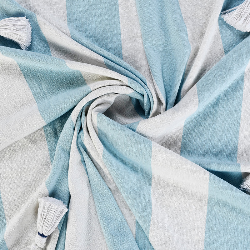  Jeté rayé 100% coton avec pampilles, Bleu / blanc rayé 2