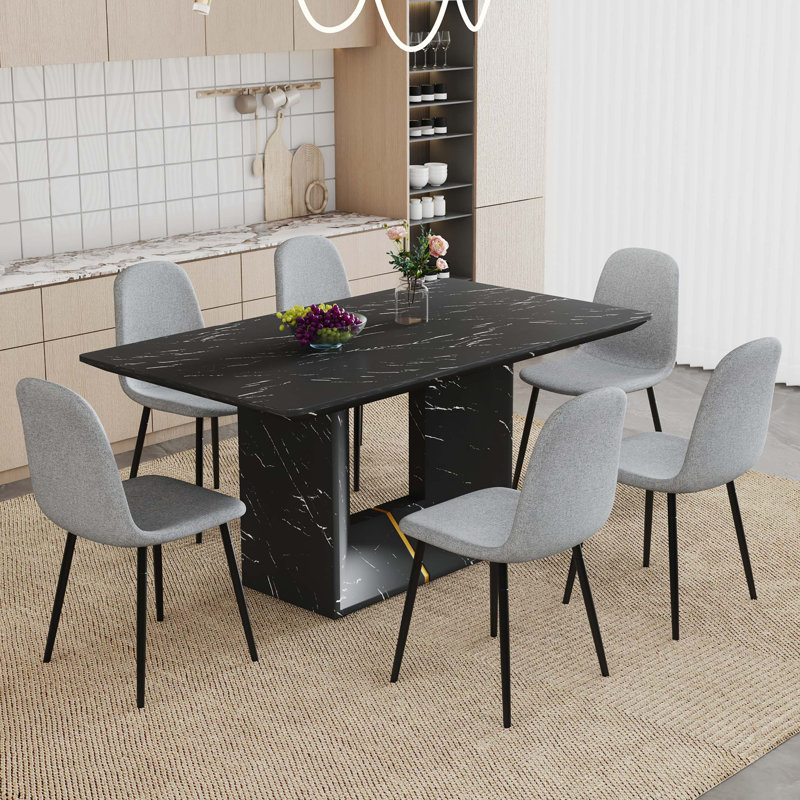 Ensemble de table et de chaises, ensemble de table de salle à manger en panneau de fibres à densité moyenne à motif de marbre - avec 6 chaises en tissu de lin, assise et dossier intégrés, matériau en lin et coton