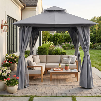 Abri de jardin 8 pi x 8 pi, abri de jardin à toit en métal robuste avec double toit, moustiquaire et moustiquaire pour la cour, le jardin, la pelouse, gris