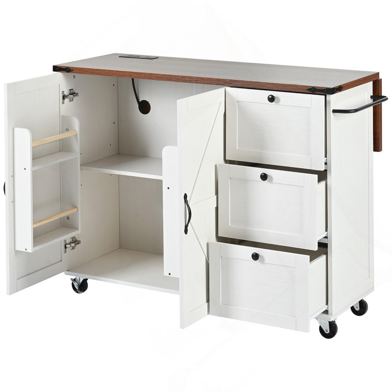 Kitchen Island With Power Outlet, Kitchen Storage Island  With Internal Storage Rack, Drop Leaf, White