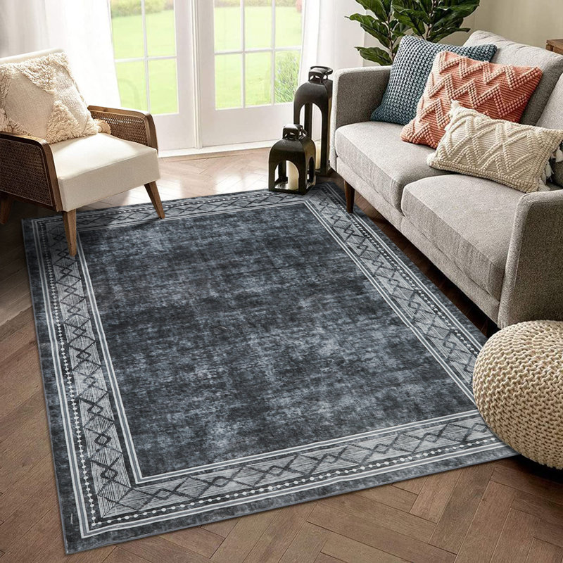 Modern Machine Washable Rugs Bordered Design Non-Slip Low Pile Rubber Backing Indoor Area Rug for Living Room Bedroom Kitchen Dining Room