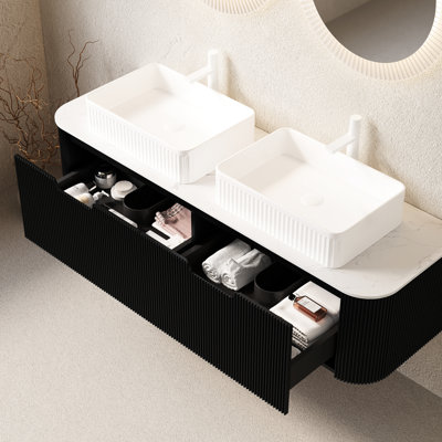 Meuble-lavabo de 60 po avec 2 lavabos rectangulaires en céramique blancs, armoire flottante, tiroirs, fini noir mat, pré-assemblé, comptoir et éviers de rangement spacieux, glissières à fermeture en douceur à rayures 3D, couleur