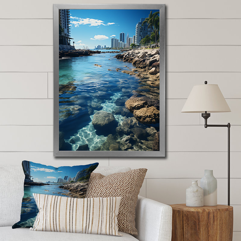 Derrynisk turquoise gris Miami Coastal Resilience - imprimé, H 40 po x l 30 po x P 1,5 po, Cadre photo argenté
