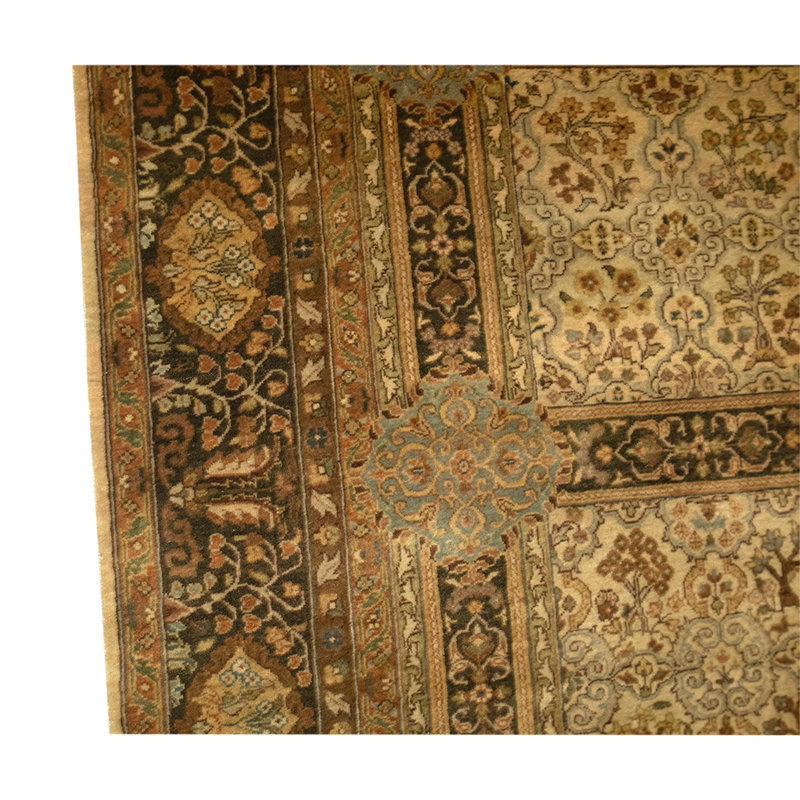 Tapis ivoire / vert / brun en laine noué à la main de conception unique 6 pi x 8 pi 7 po