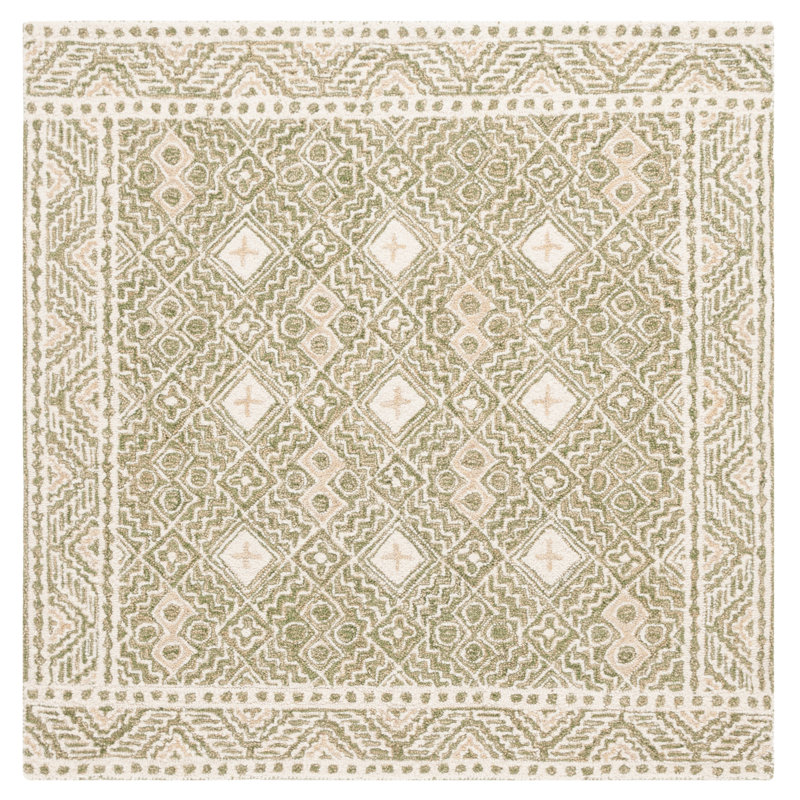 Decklen Micro-Loop Hand Tufted Wool/Cotton Southwestern Rug in Ivory/Green, Runner 2'3" x 5'