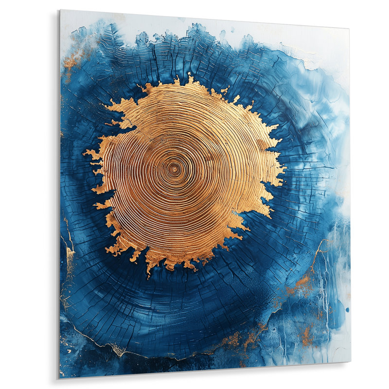 Or bleu turquoise, tranche de bois Reverie II - impression d'art moderne en métal, décoration murale arbre en métal