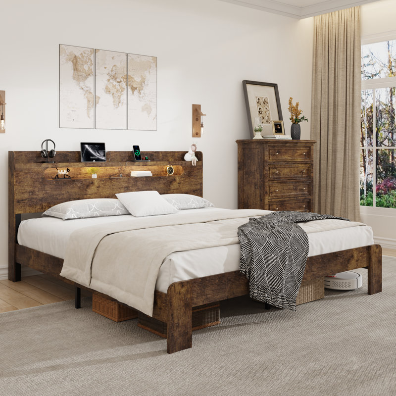Farmhouse Wooden Bed Frame with Storage Headboard, Wood Platform Bed Frame with Charging Station & Led Lights, Brown, King