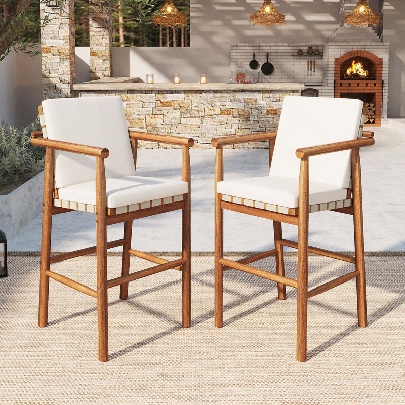 2 tabourets de bar à hauteur de comptoir modernes en bois d'acacia avec dossier et siège à sangles pour patio, piscine et jardin