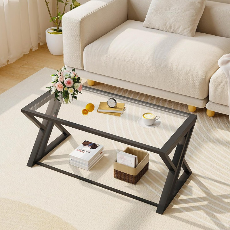 Modern Rectangular Glass Coffee Table For Living Room, Centre Table With Tempered Glass Top And Sturdy Metal Frame, Suitable For Bedroom, Home, Or Office Use