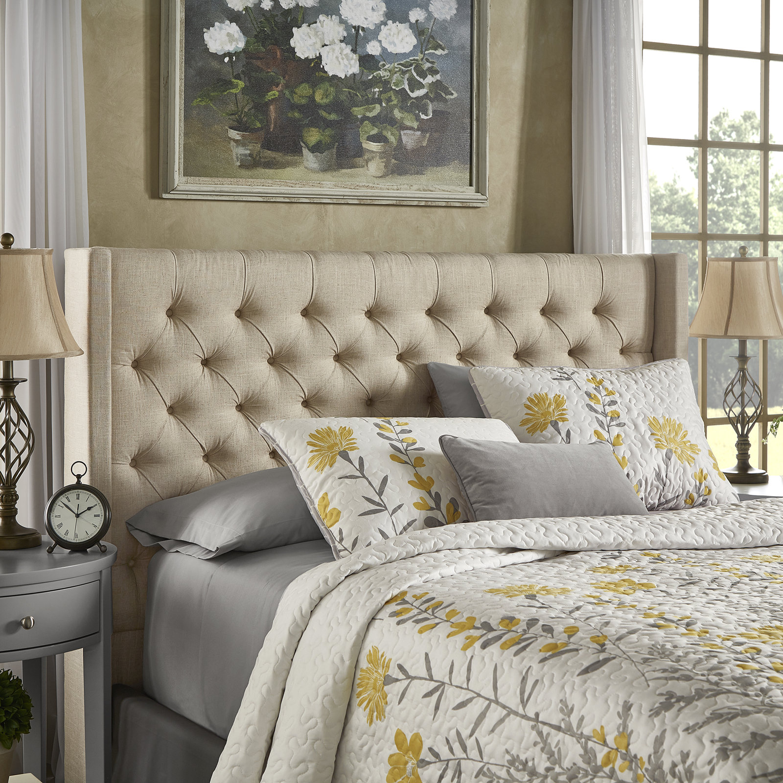 Kaster Linen Upholstered Wingback Bed, King, Heathered Beige Linen
