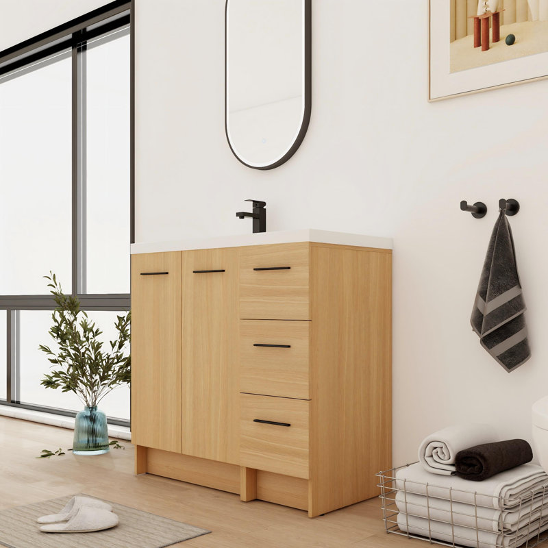 Meuble-lavabo sur pied simple 36 po avec plateau en résine à gauche et 3 tiroirs 36 po, Left