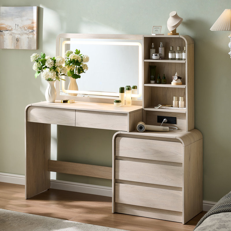 Maud Modern Makeup Vanity Desk with LED Lighted Mirror & Power Outlet & 5 Drawers, Makeup Table with Adjustable Shelves and Charging Station