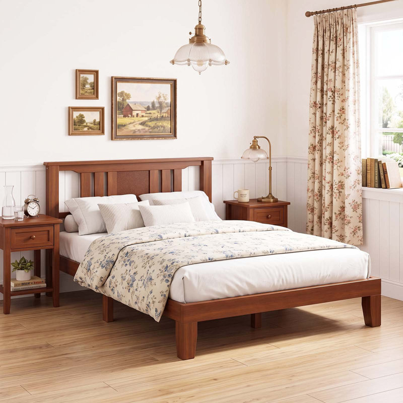 Lit plateforme en bois massif de style Mid-Century avec tête de lit, support à lattes de bois, aucun sommier nécessaire
