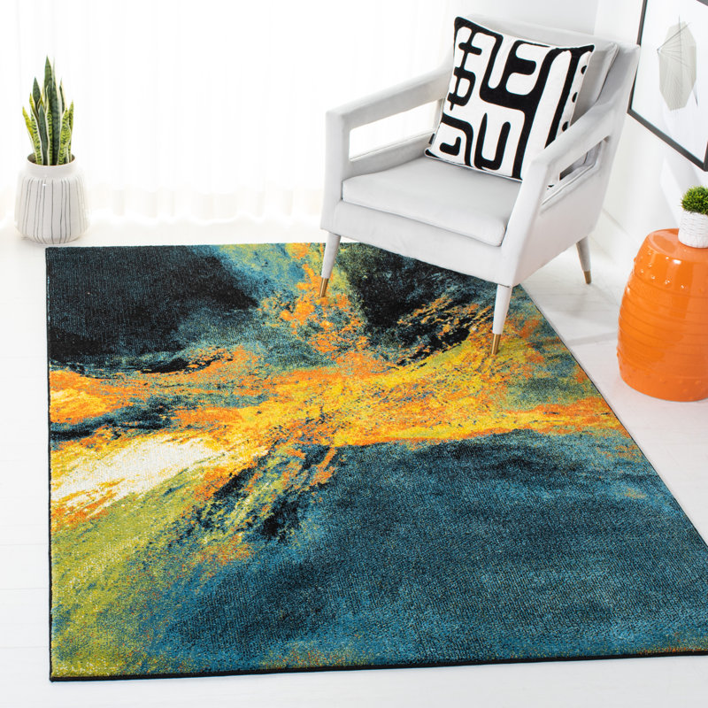 Tapis bleu sarcelle / jaune Robidoux, Rectangle 4 pi x 6 pi