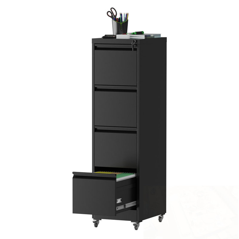 Metal Storage Filing Cabinet with Wheels, Lock and 4 Drawers, Black