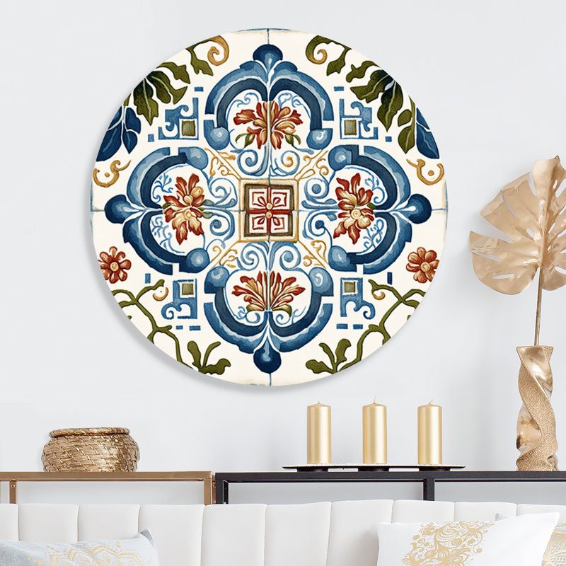 Carrelage méditerranéen rétro bleu I - tuile abstraite ronde, art mural sur métal, L 36 po x H 36 po