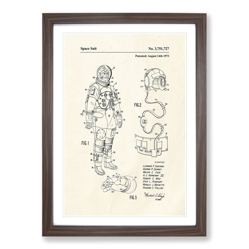 Space Suit Patent - Single Picture Frame Print on Wood, 65cm H x 48cm W x 2cm D, Walnut Framed