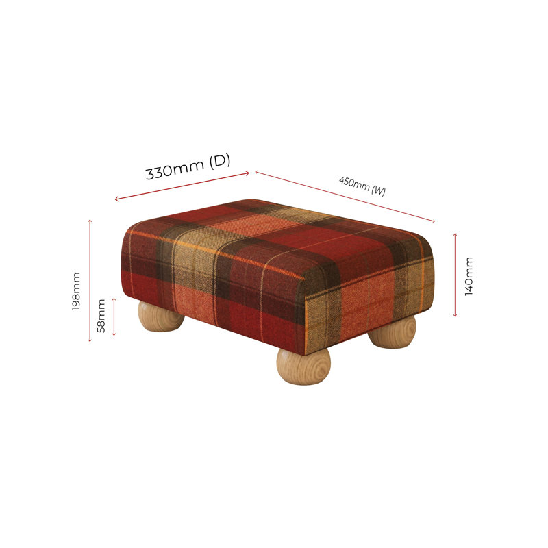 Tartan Material Large Footstools Tartan - Claret Red - Wood Bun Feet, Natural