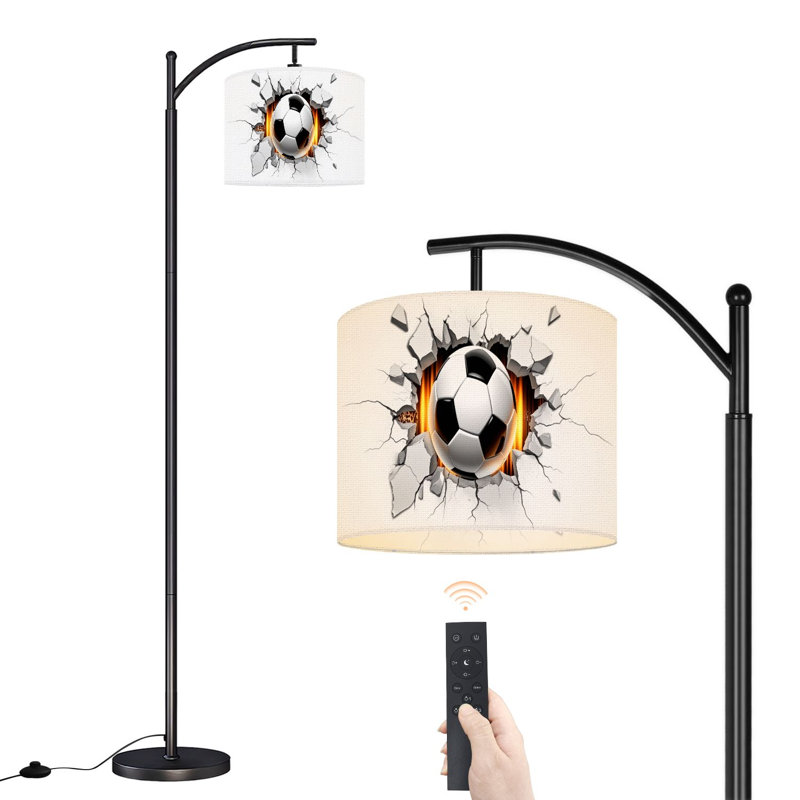 Lampe sur pied à arc avec abat-jour réglable Ballon de soccer brisant le sol fissuré 3D impact Lampe sur pied tons de gris blanc 3 températures de couleur Lampe à mât haut avec interrupteur au pied pour la chambre à coucher