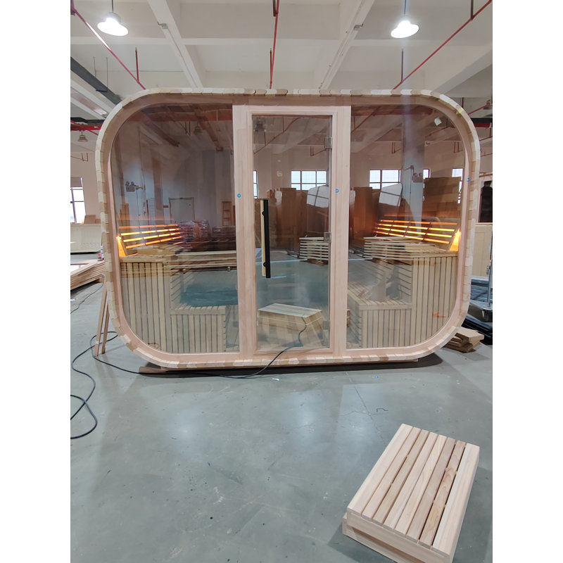 Outdoor Square Barrel Sauna Room for 6-8 Person, 8KW Harvia Heater with WiFi Control, Red Cedar Wood Cabin, 8mm Mirror Glass Door & LED Backrest Lighting, Asphalt Shingles Roof, 220V, Full View