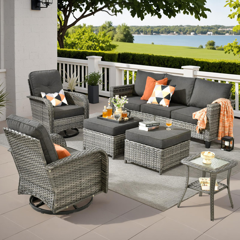 7 - Person Patio Furniture Set with Swivel Rocking Chairs, Outdoor Wicker Rattan Sofa Seating Group with Cushions, All Weather Conversation Set with Ottomans for Garden Backyard