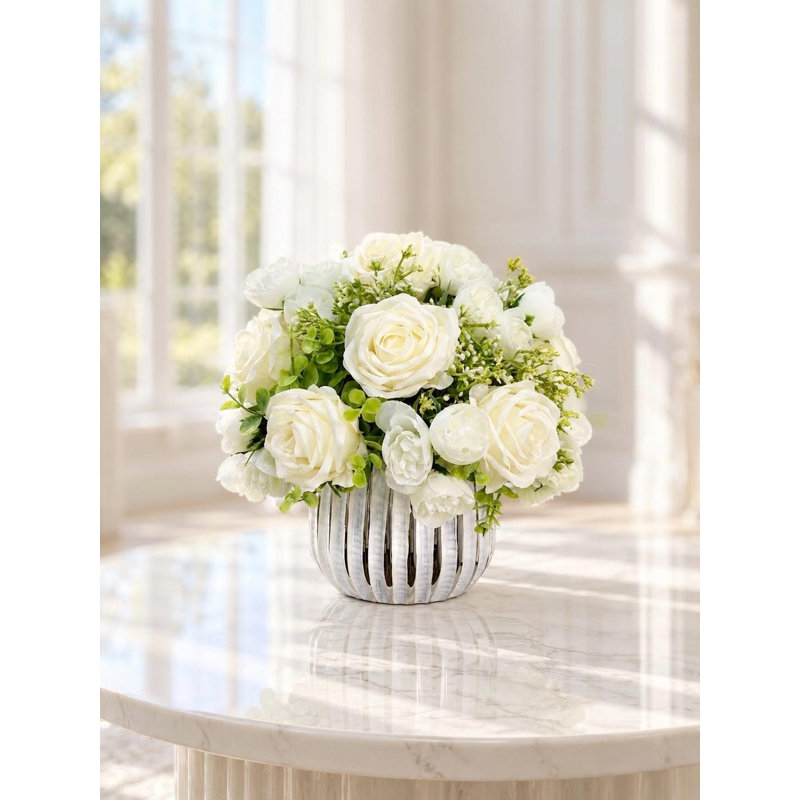 White Silk Rose Peony Centerpiece in Vase